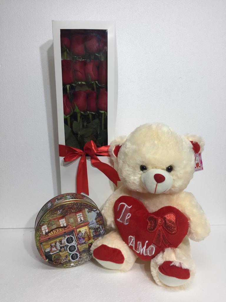 Caja con 12 Rosas ms Galletas de 400 Grs y Peluche de 45 cm